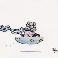 Watercolour drawing of a pig driving a futuristic flying vehicle.
