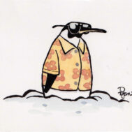 Watercolour drawing of a penguin in sunglasses and a Hawaiian shirt.
