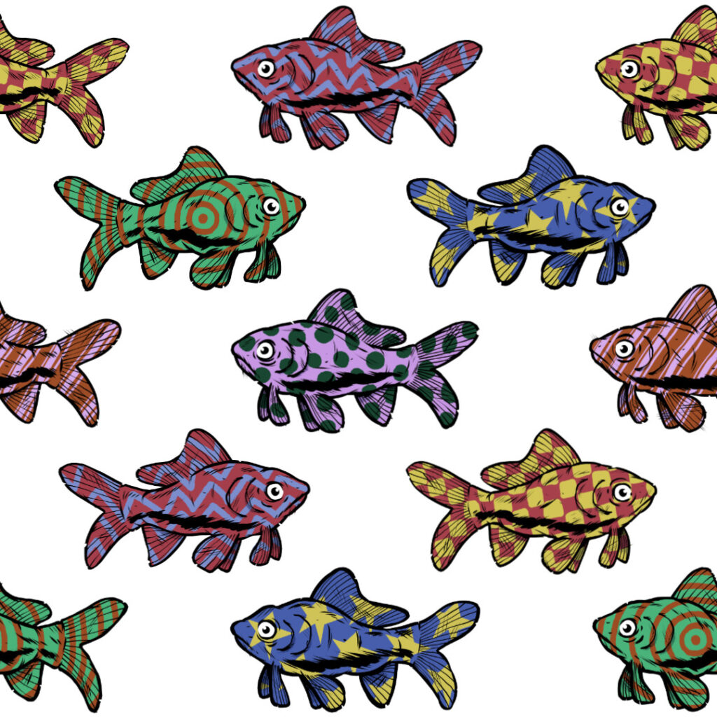 Some very colourful goldfish with the phrase - "He could drag an untied shoelace through wet grass and still catch a fish." Pattern version.